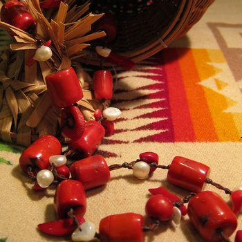 The "Red Coral" draped on Pendleton Blanket.
